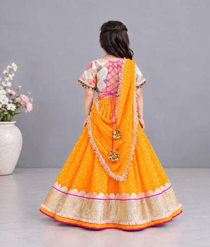 Offwhite Embroidered Choli with Orange Bandhej Lehenga - Luxe Offwhite Embroidered Choli with Orange Bandhej Lehenga