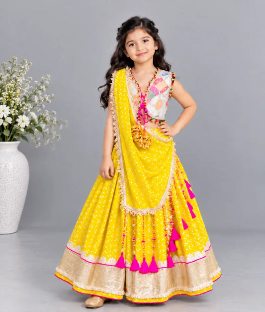 Offwhite Embroidered Choli with Yellow Bandhej Lehenga - Luxe Offwhite Embroidered Choli with Yellow Bandhej Lehenga