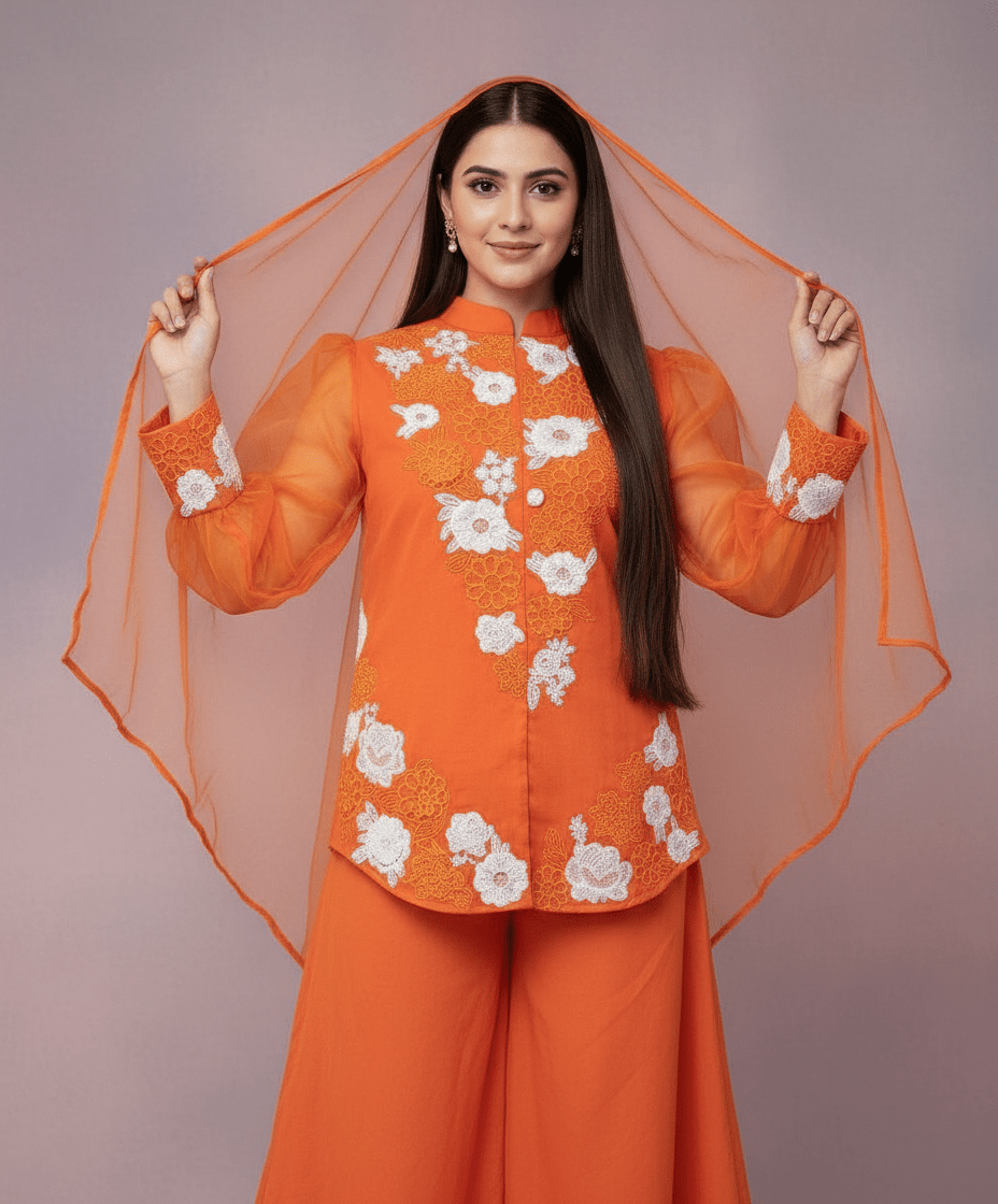 Luxe Orange Embroidered Shirt with Plazzo