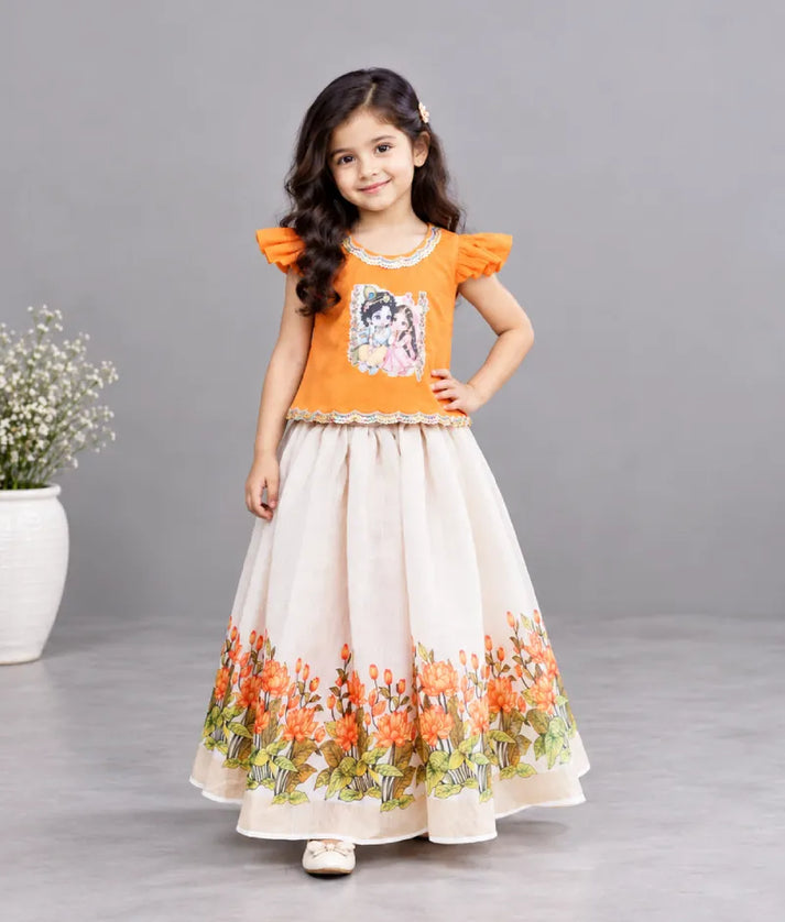 Luxe Orange floral printed Lehenga Set