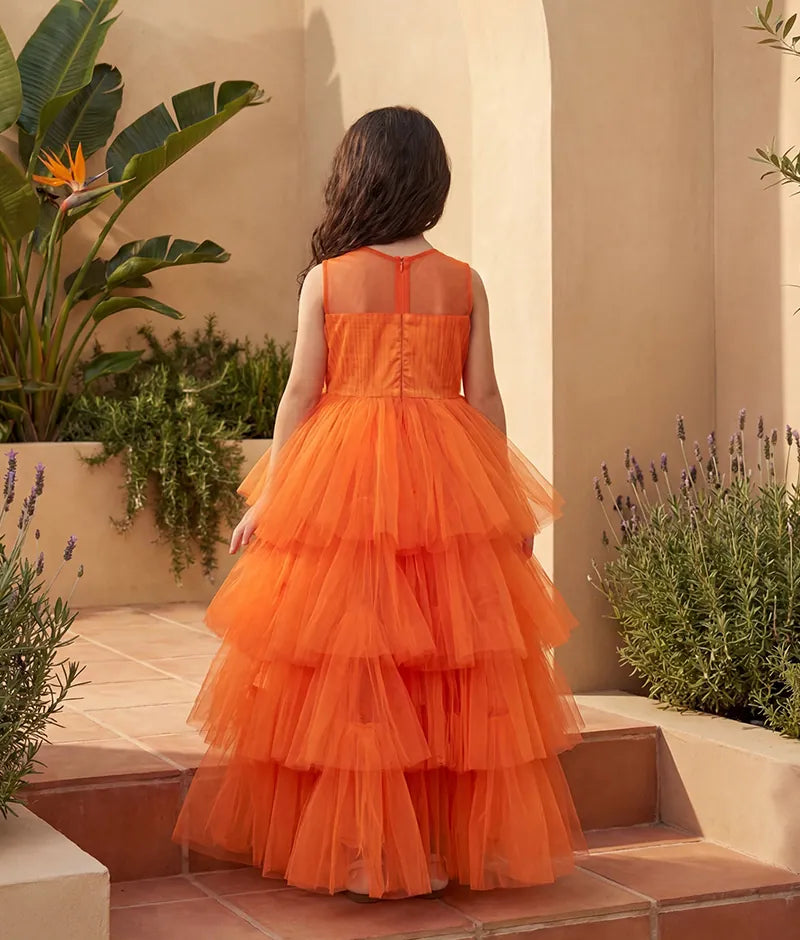 Luxe Orange Net High Low Dress for Girls