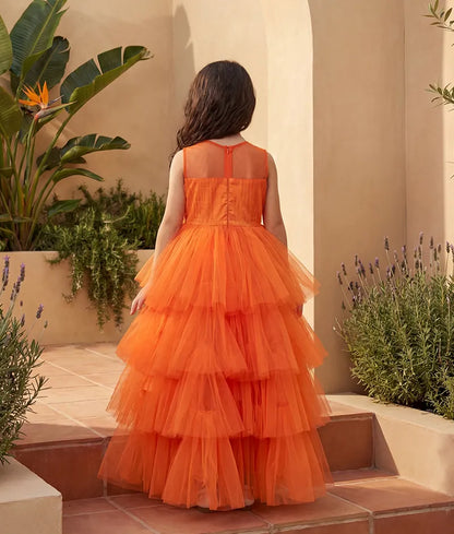 Luxe Orange Net High Low Dress for Girls