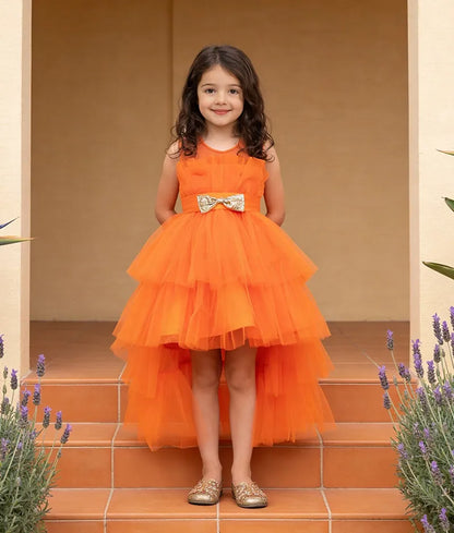 Luxe Orange Net High Low Dress for Girls