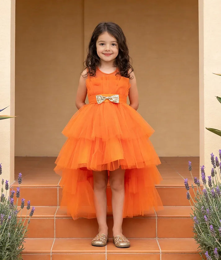 Luxe Orange Net High Low Dress for Girls
