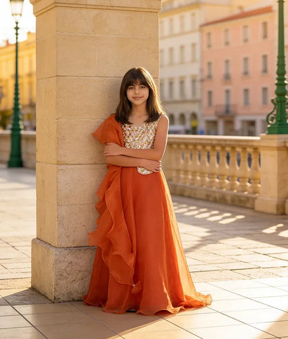 Luxe Orange Organza Lehenga with 3D Flowers Choli Organza Dupatta for Girls