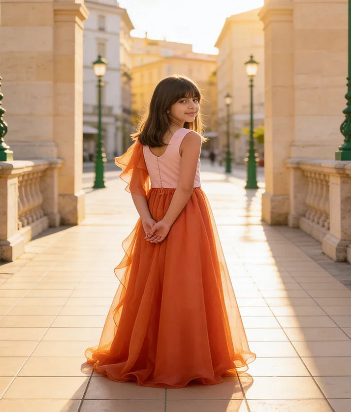 Luxe Orange Organza Lehenga with 3D Flowers Choli Organza Dupatta for Girls