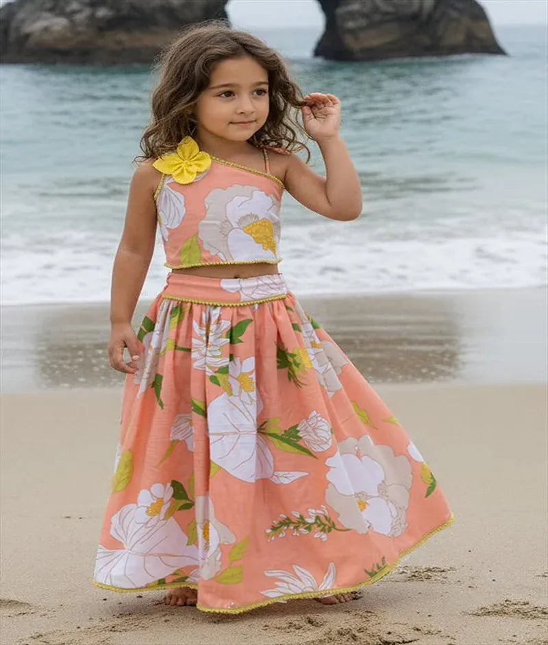 Luxe Orange Printed Top with Lehenga