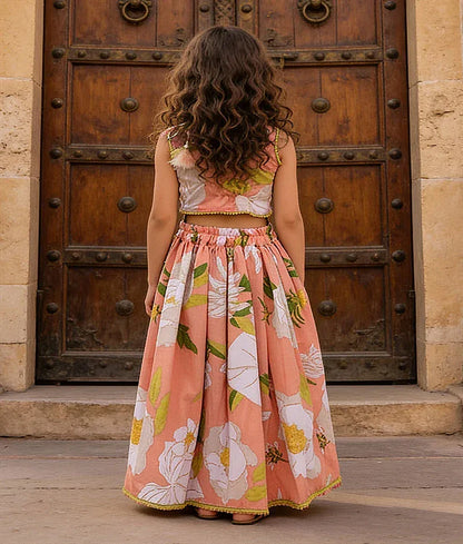 Luxe Orange Printed Top with Lehenga