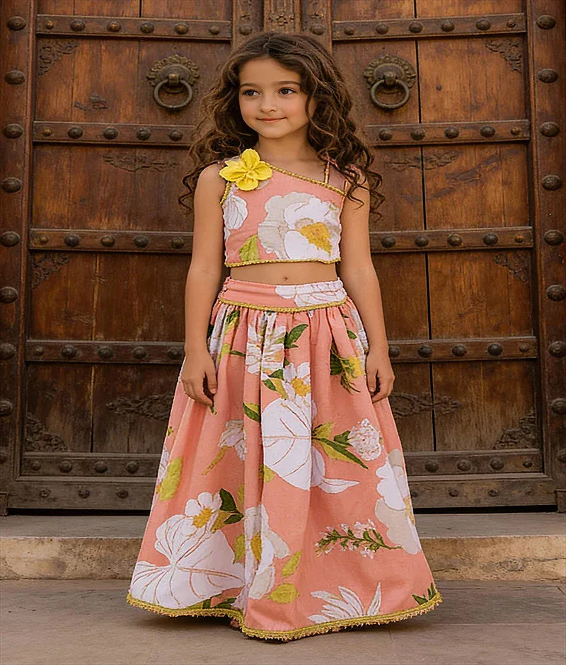 Luxe Orange Printed Top with Lehenga