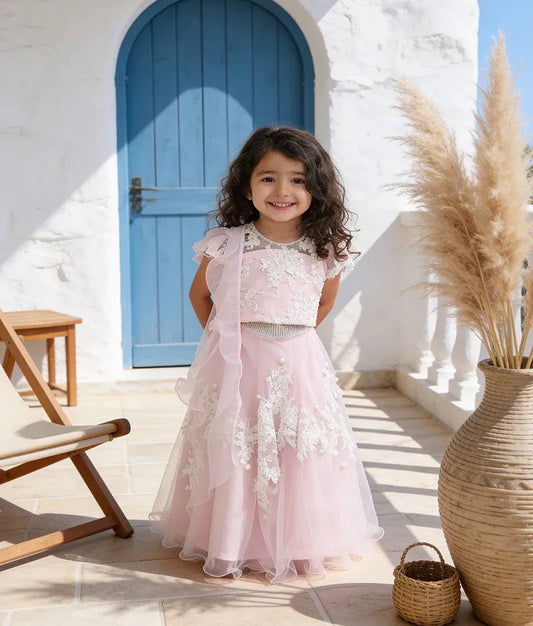 Luxe Pastel Pink Embroidery Lehenga with Choli Organza Dupatta for Girls