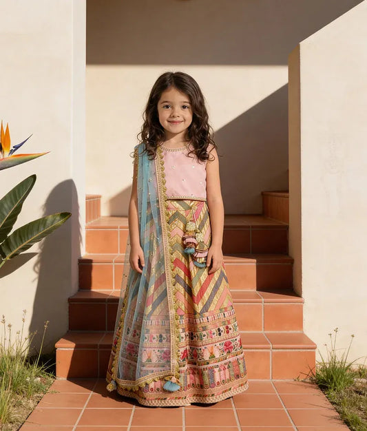 Luxe Peach Choli and Embroidery Lehenga Dupatta for Girls