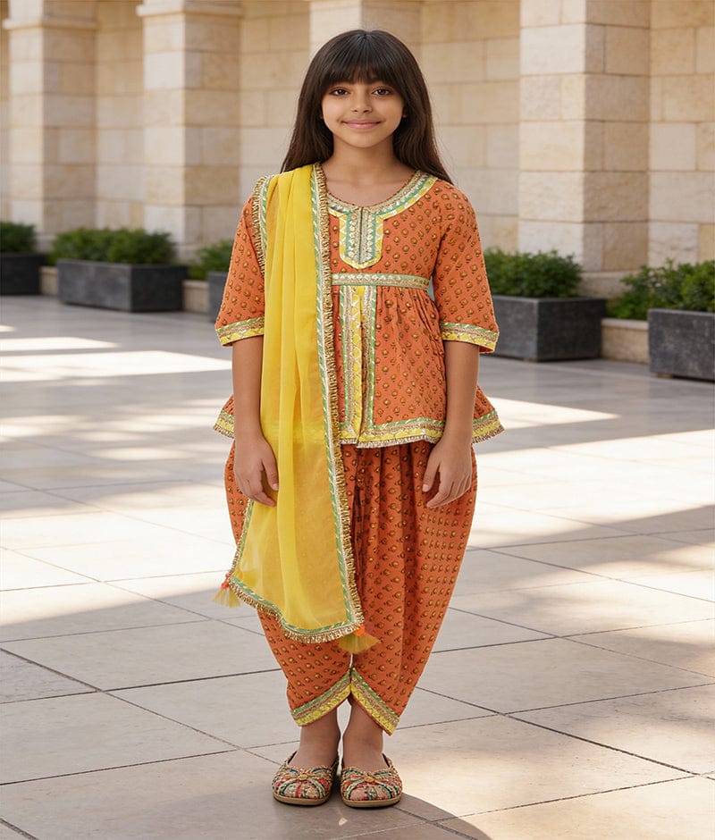 Luxe Peach Cotton Printed Dhoti Set with Georgette Dupatta for Girls