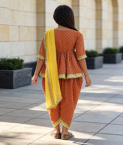 Luxe Peach Cotton Printed Dhoti Set with Georgette Dupatta for Girls