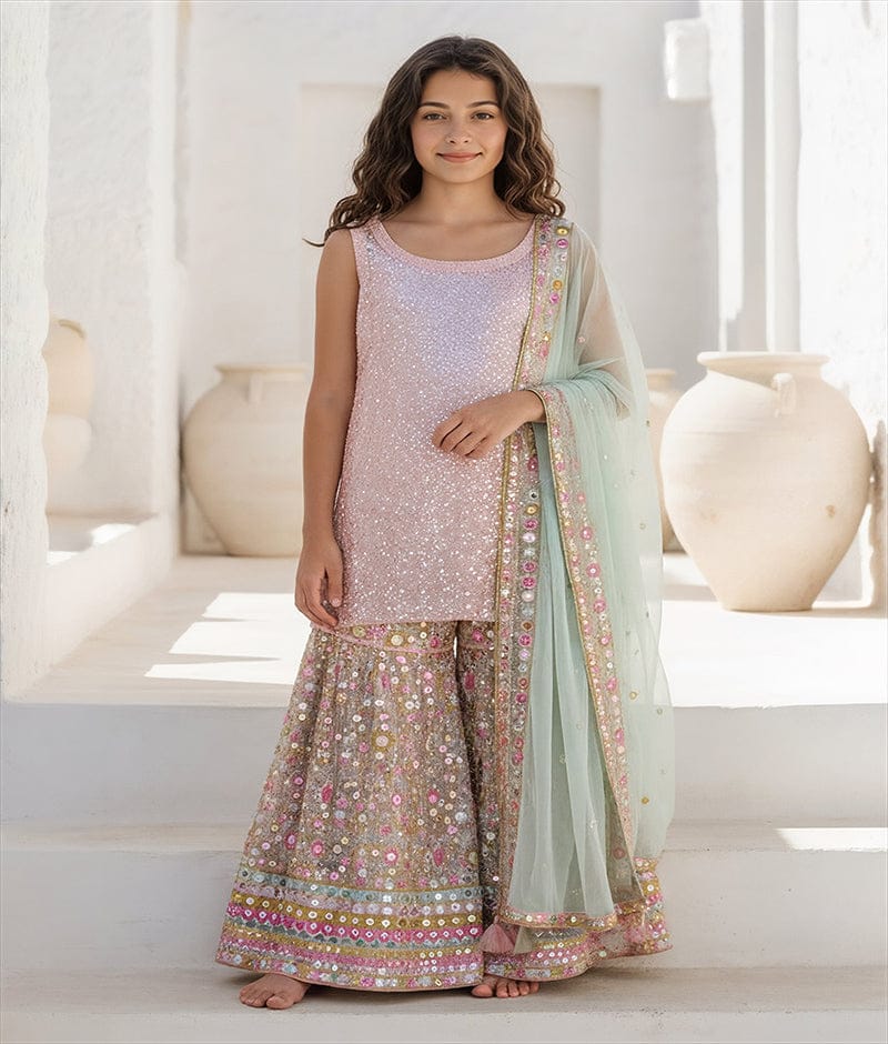 Luxe Peach Embroidered Kurta Sharara Set