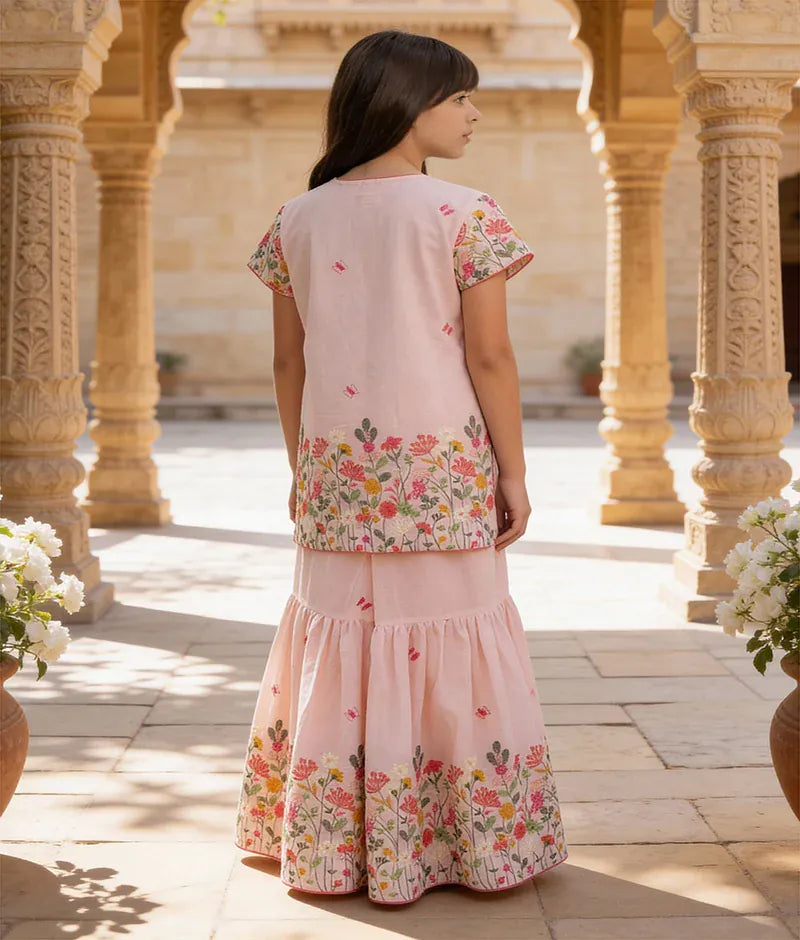 Luxe Peach Embroidered Kurti Sharara Set