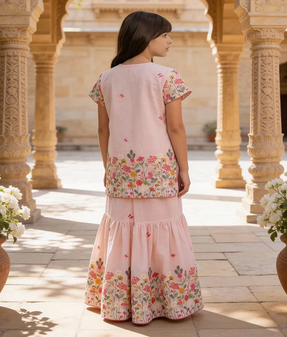 Luxe Peach Embroidered Kurti Sharara Set