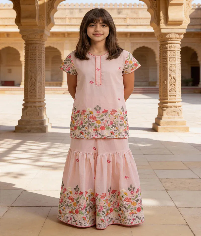 Luxe Peach Embroidered Kurti Sharara Set