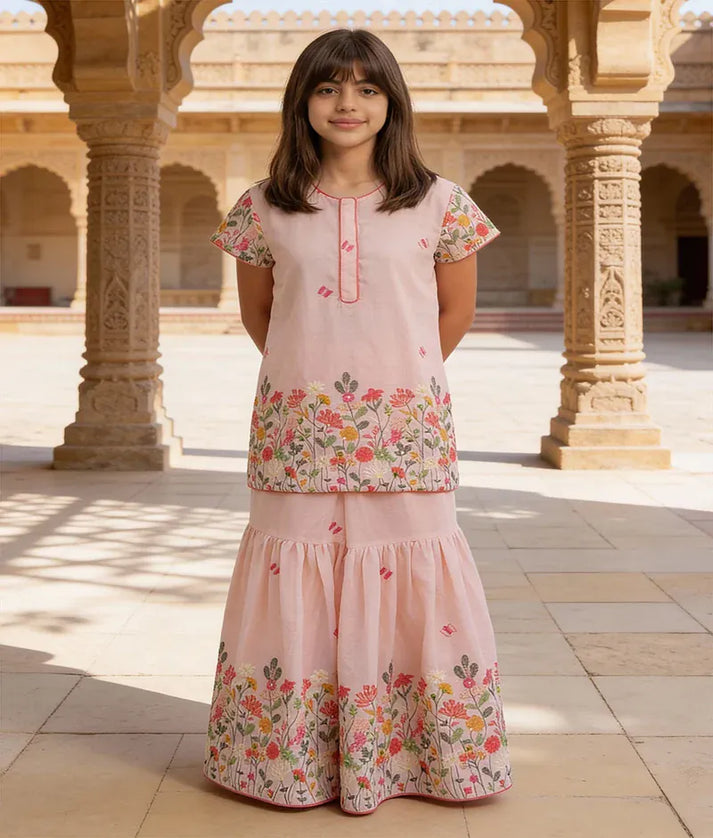 Luxe Peach Embroidered Kurti Sharara Set
