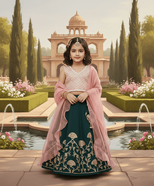 Luxe Peach Embroidery Green Gota Lehenga with Choli Organza Dupatta for Girls