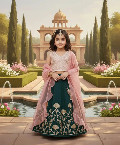 Luxe Peach Embroidery Green Gota Lehenga with Choli Organza Dupatta for Girls