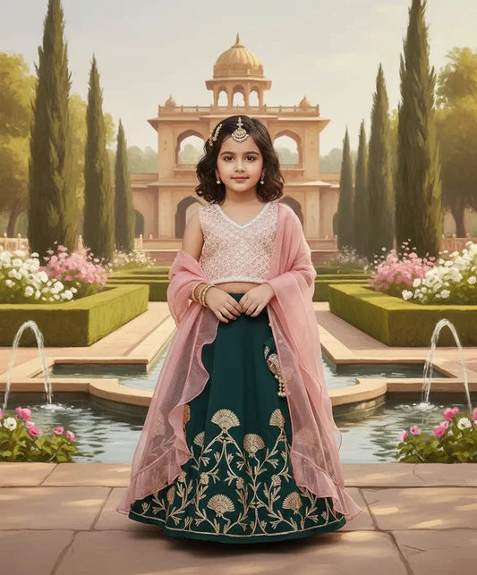Luxe Peach Embroidery Green Gota Lehenga with Choli Organza Dupatta for Girls