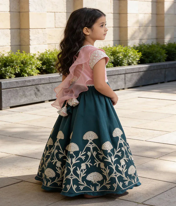 Luxe Peach Embroidery Green Gota Lehenga with Choli Organza Dupatta for Girls