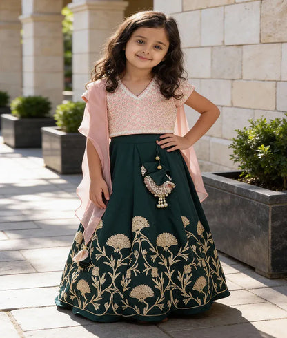 Luxe Peach Embroidery Green Gota Lehenga with Choli Organza Dupatta for Girls