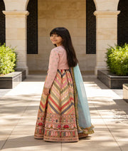 Luxe Peach Silk Flower Boti Embroidery Lehenga with Choli Organza Dupatta for Girls