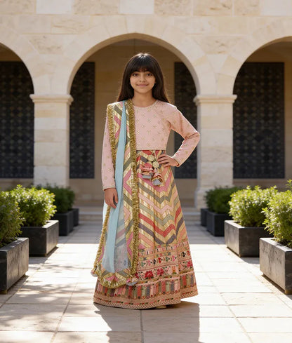 Luxe Peach Silk Flower Boti Embroidery Lehenga with Choli Organza Dupatta for Girls