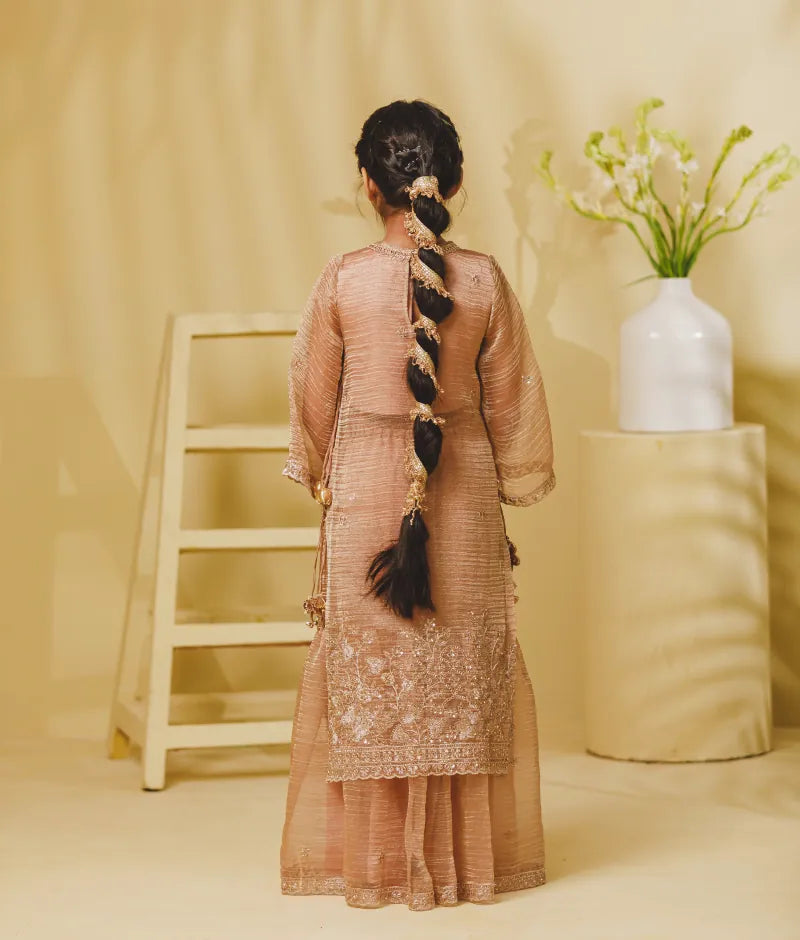 Luxe Peach Tissue Embroidery Long Kurti with Sharara