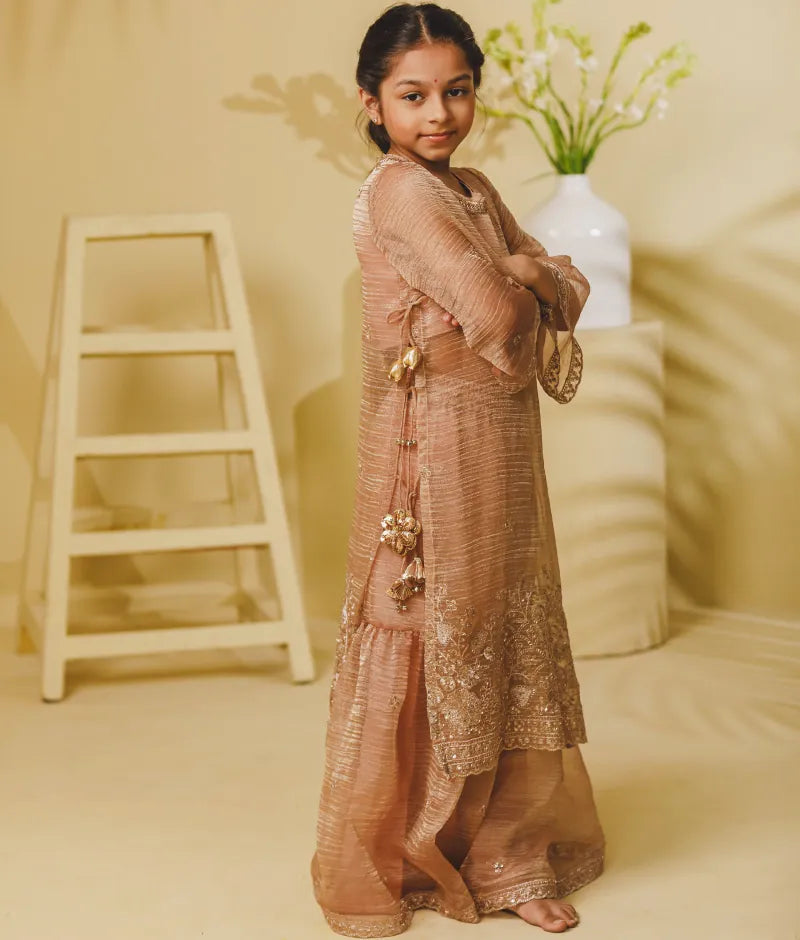 Luxe Peach Tissue Embroidery Long Kurti with Sharara