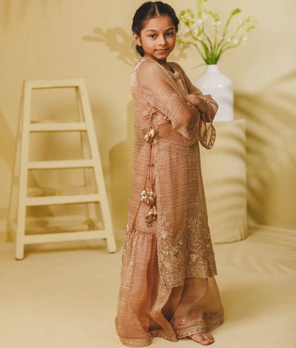 Luxe Peach Tissue Embroidery Long Kurti with Sharara
