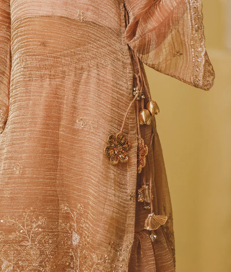 Luxe Peach Tissue Embroidery Long Kurti with Sharara