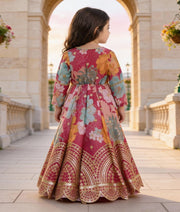 Luxe Pink Anarkali with Pink Printed Jacket for Girls