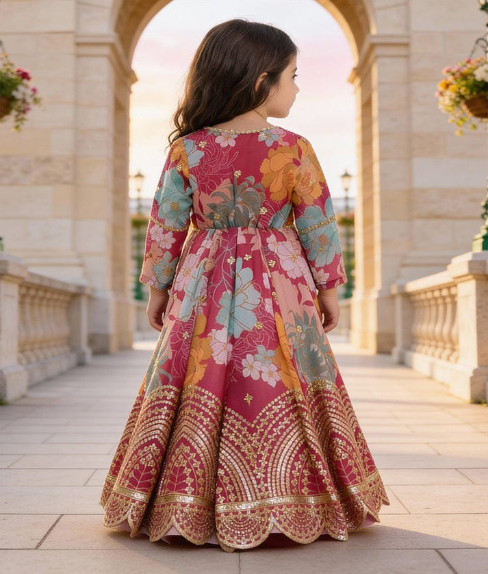 Luxe Pink Anarkali with Pink Printed Jacket for Girls