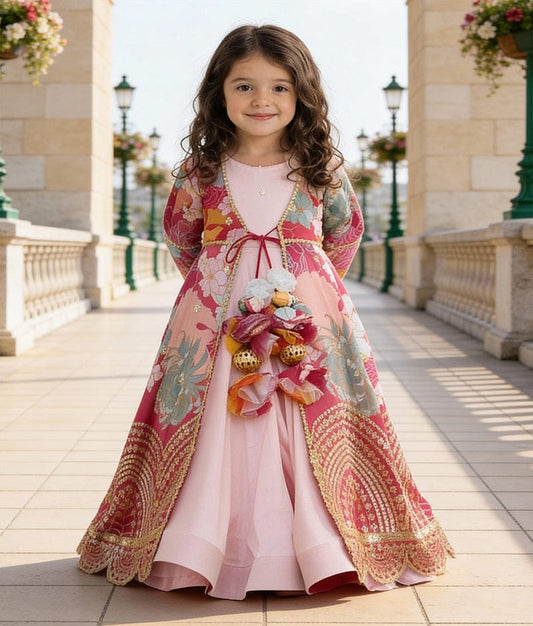 Luxe Pink Anarkali with Pink Printed Jacket for Girls