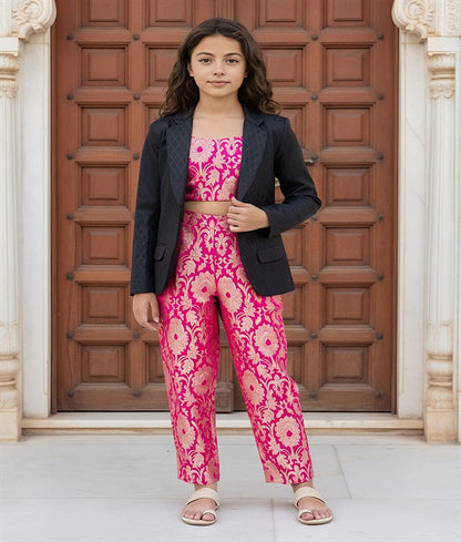 Luxe Pink Broacde Crop Top with Pant & Coat