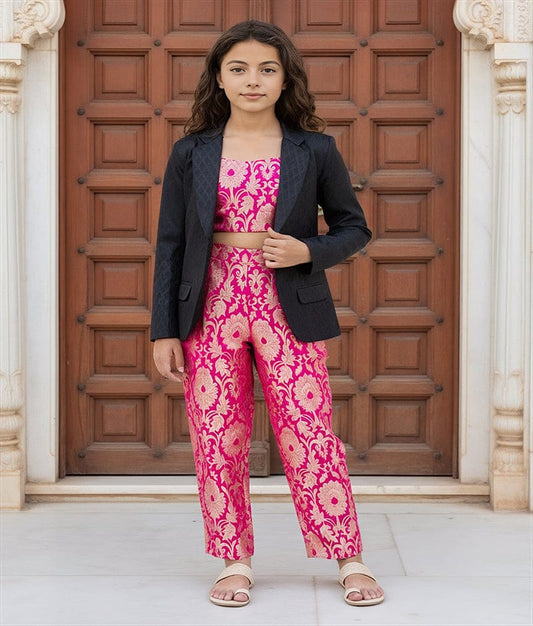 Luxe Pink Broacde Crop Top with Pant & Coat