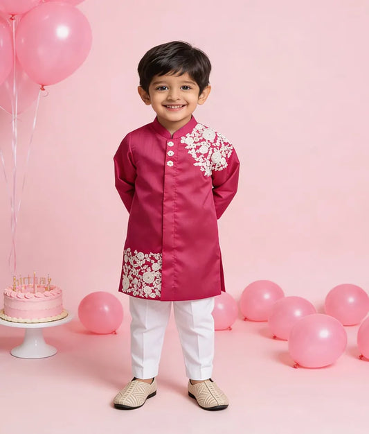 Luxe Pink Embroidery Achkan with Pant for Boys