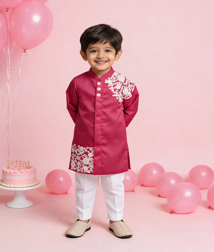 Luxe Pink Embroidery Achkan with Pant for Boys