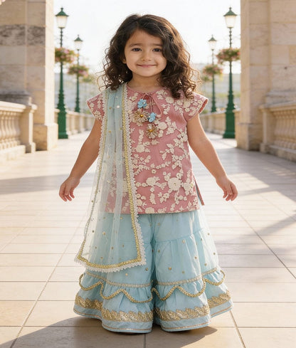 Luxe Pink Embroidery Acqua Boti Net Sharara with Kurti Boti Net Dupatta for Girls