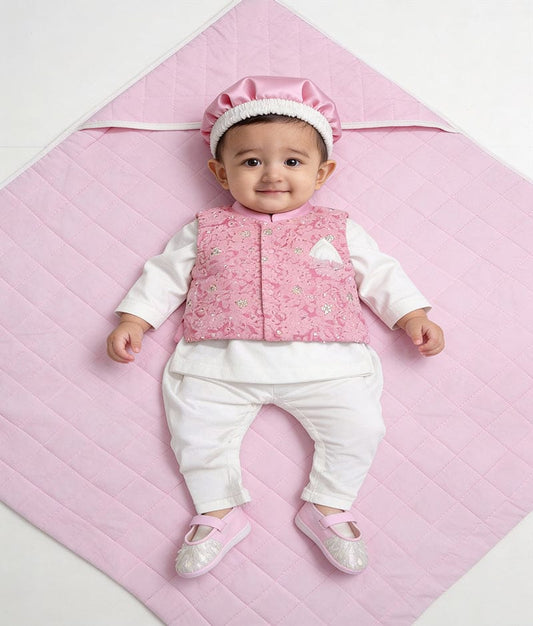 Luxe Pink Embroidery Nehru Jacket Jamna Set for Boys