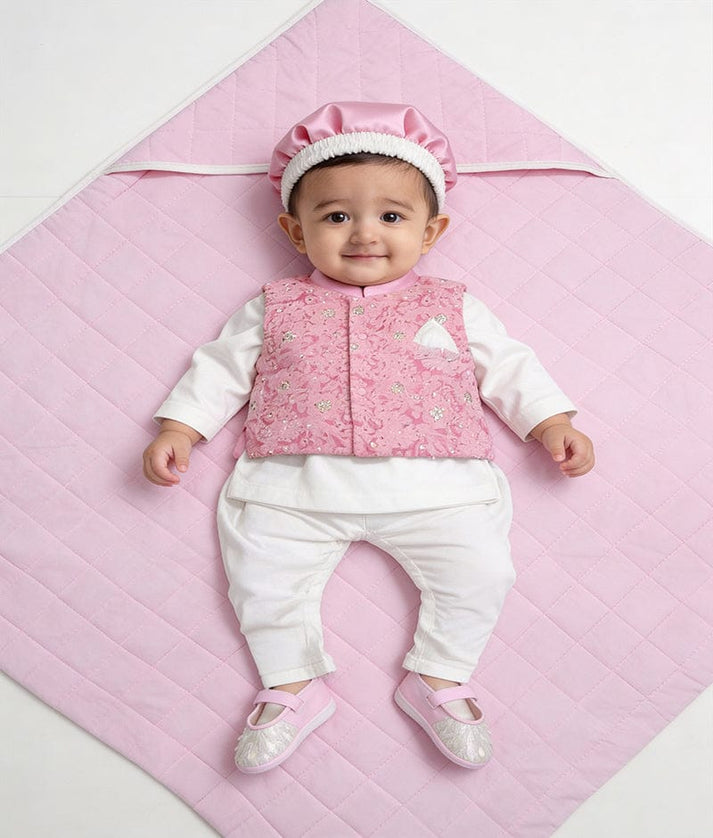Luxe Pink Embroidery Nehru Jacket Jamna Set for Boys