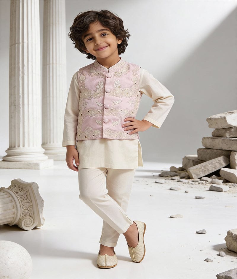 Luxe Pink Embroidery Nehru Jacket with Off white Kurta Chudidar for Boys