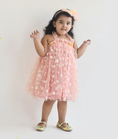 Luxe Pink Flower Print Net Dress for Girls