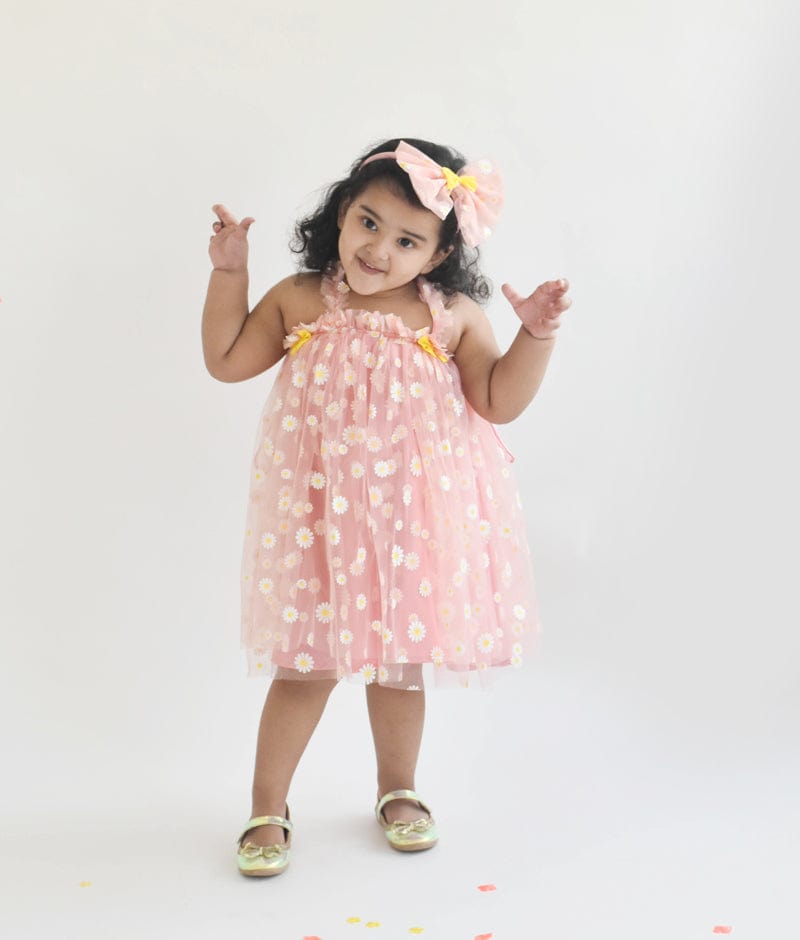 Luxe Pink Flower Print Net Dress for Girls