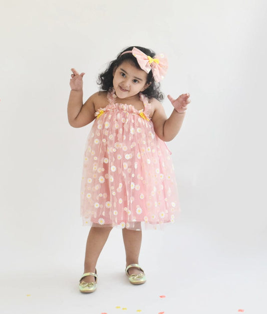 Luxe Pink Flower Print Net Dress for Girls