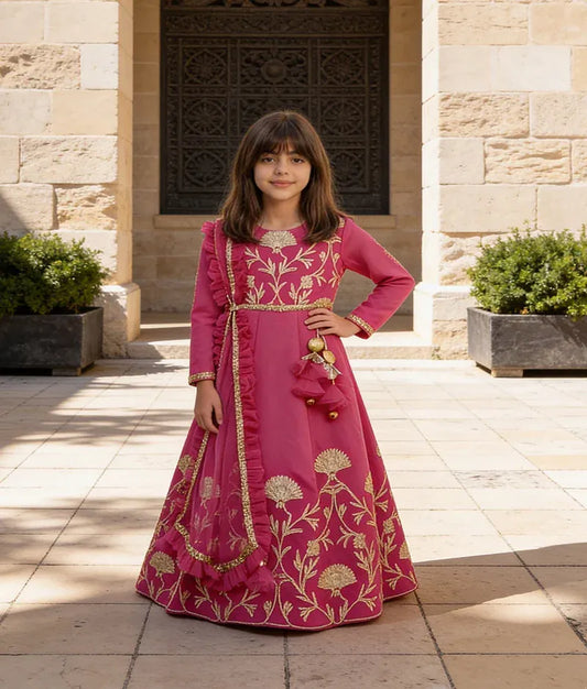 Luxe Pink Gota Embroidery Anarkali with Frill Dupatta for Girls