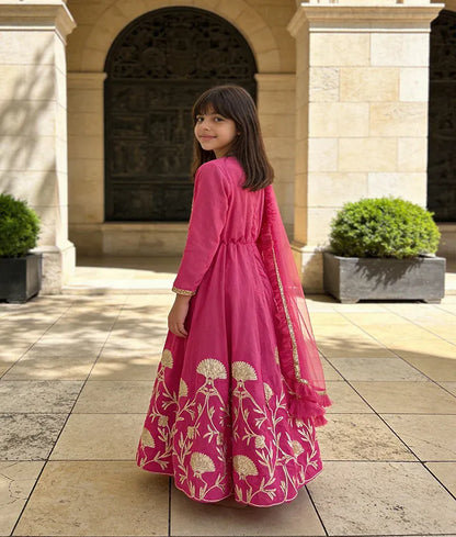 Luxe Pink Gota Embroidery Anarkali with Frill Dupatta for Girls