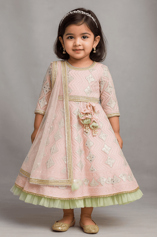Luxe Pink Gota Green Net Frill Embroidery Anarkali with Net Dupatta for Girls